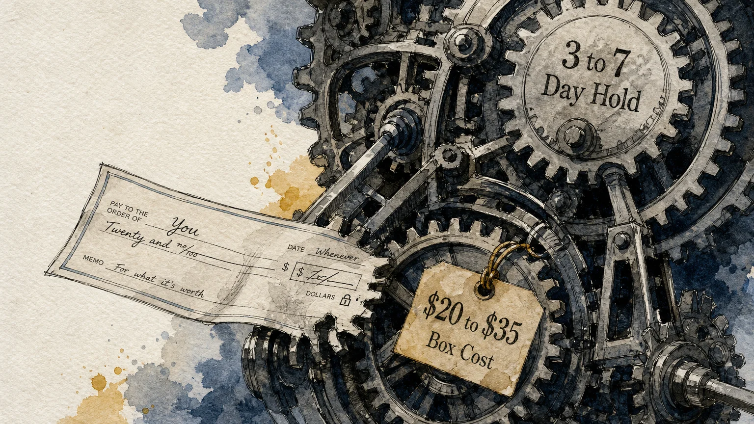 Watercolor illustration of a paper check caught in a system of gears labeled with processing costs and hold times.