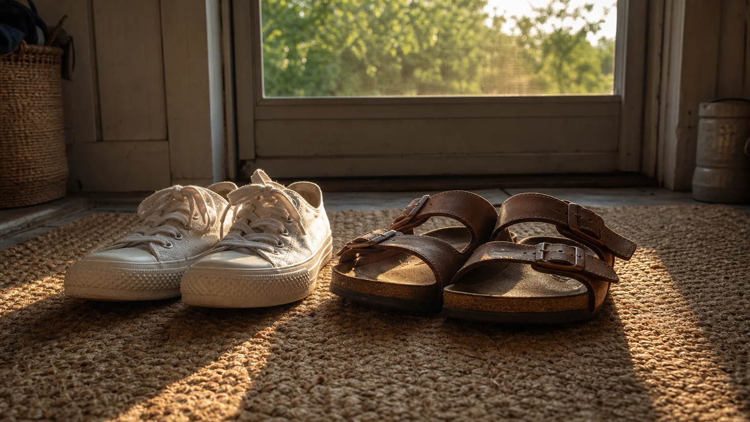 White canvas sneakers and brown leather sandals sitting on a rug by a screen door.