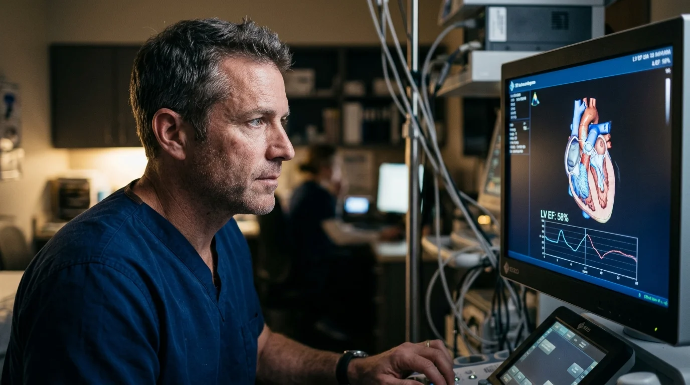 A cardiologist in blue scrubs examining a glowing heart scan in a dimly lit room, focusing intently on the monitor.