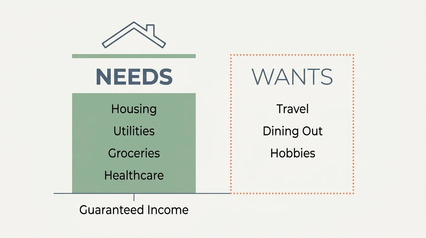 A clean diagram showing a two-column breakdown of retirement expenses categorized into Needs and Wants.