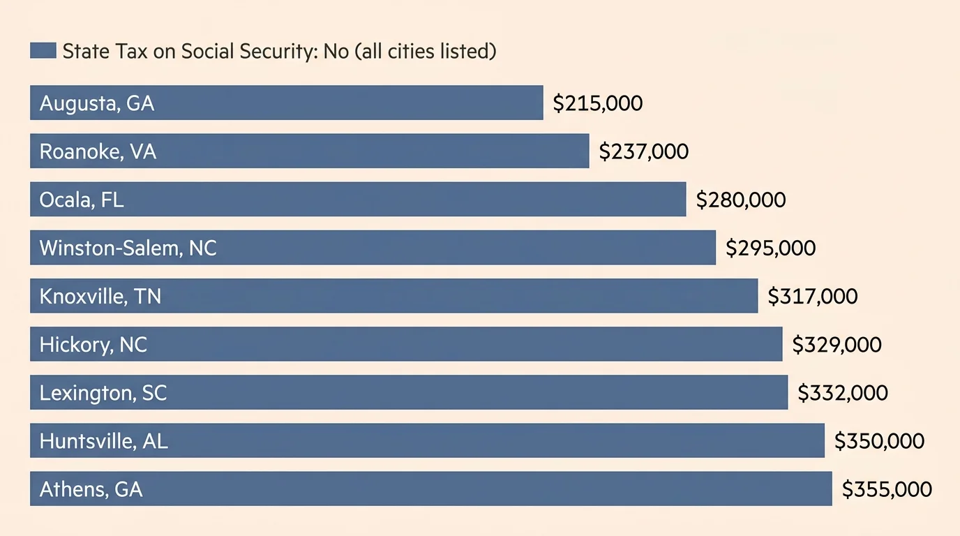A clean horizontal bar chart comparing the median home prices of nine affordable Southern retirement towns, from $215,000 to $355,000.