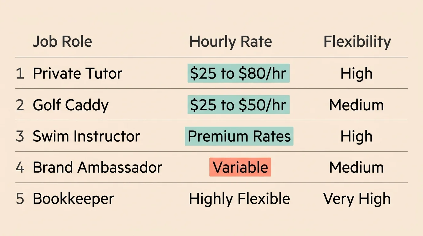 A clean, minimalist comparison chart listing hourly rates and flexibility for five summer jobs.