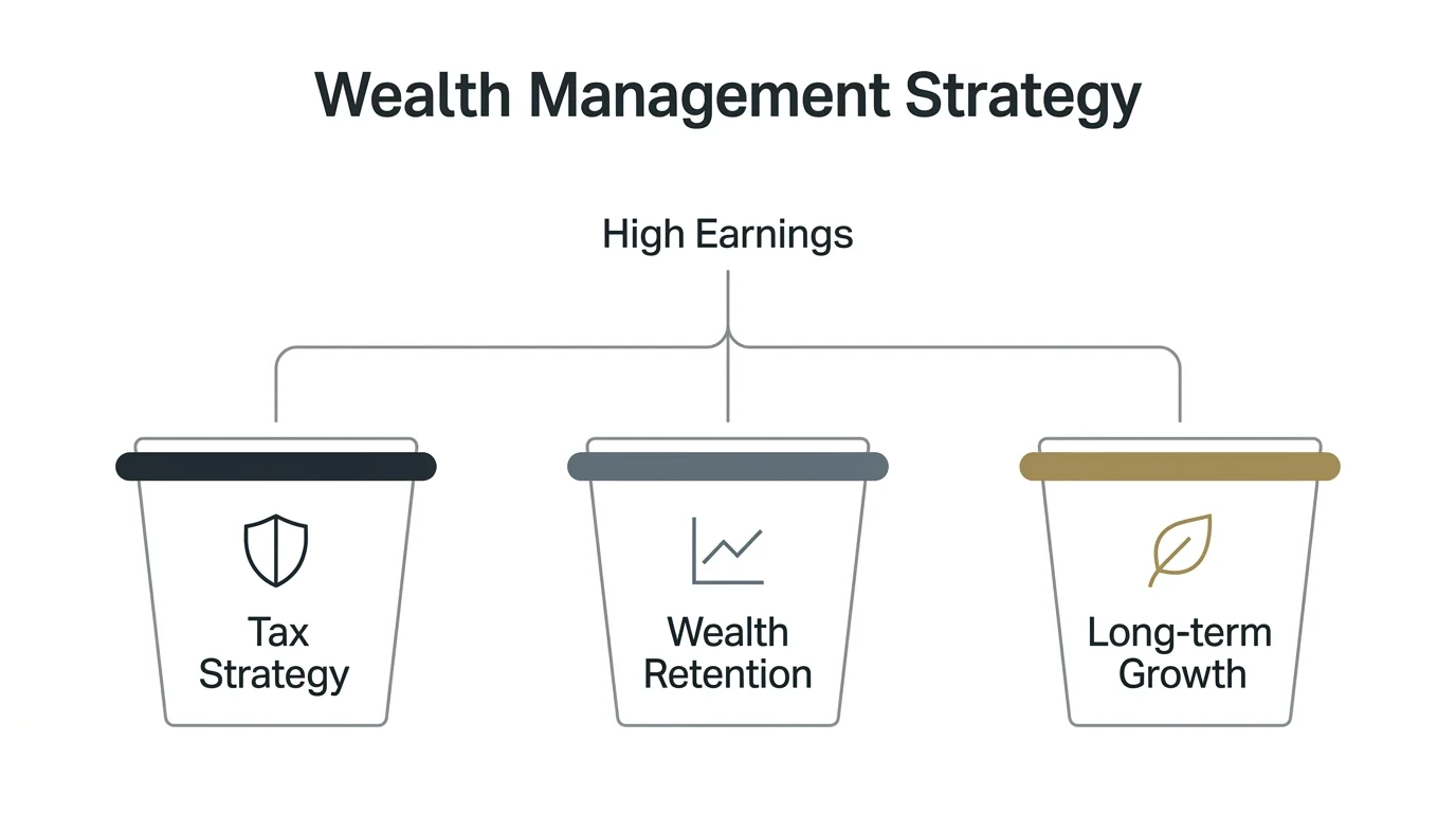 A clean, minimalist flowchart showing high earnings branching into tax strategy, wealth retention, and long-term growth.