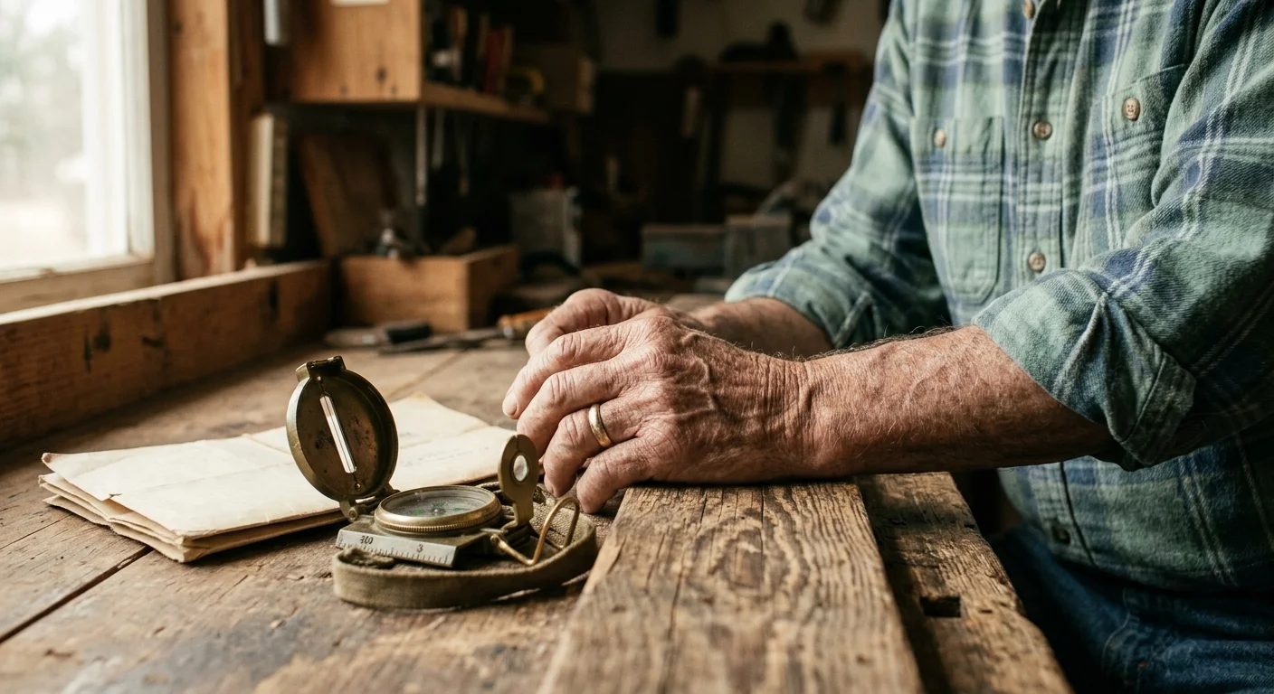 A close-up photograph of a veteran's weathered hands resting on a wooden workbench next to a vintage brass compass.