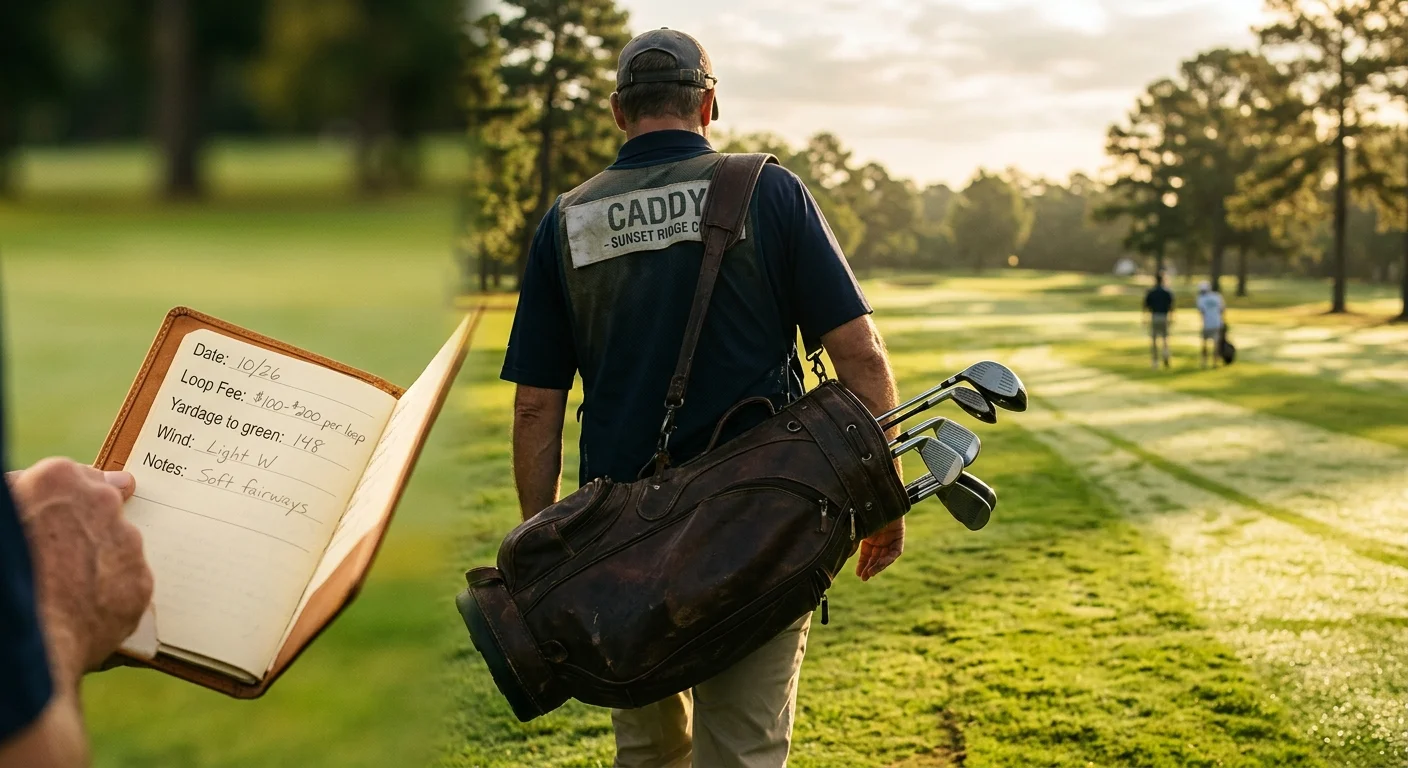 A close-up shot of a golf caddy carrying a heavy golf bag on a sunny, dew-covered green course.