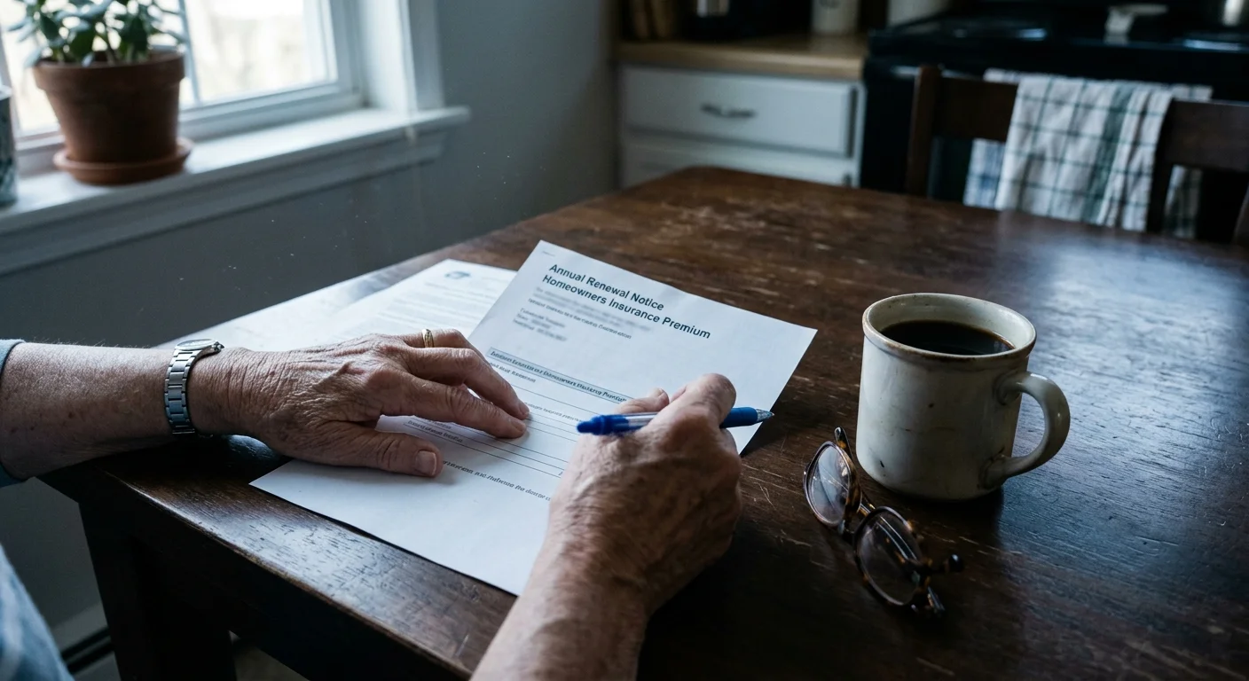 A close-up smartphone-style photo of a retiree's hands reviewing a home insurance renewal document on a wooden kitchen table.