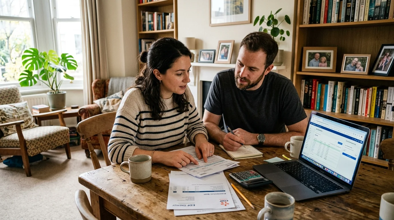 A couple sitting at their kitchen table reviewing paperwork together in a naturally lit, lived-in apartment.