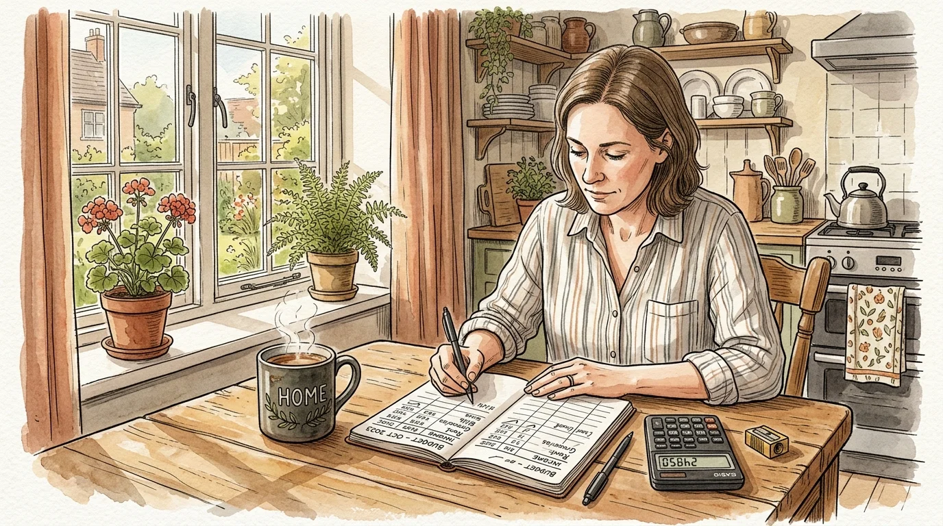 A cozy watercolor illustration of a kitchen table with a budget journal, calculator, and a warm cup of coffee in morning light.