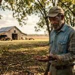 A documentary photo of a Mississippi farmer holding a pecan in a sunlit orchard, capturing the rural economy.