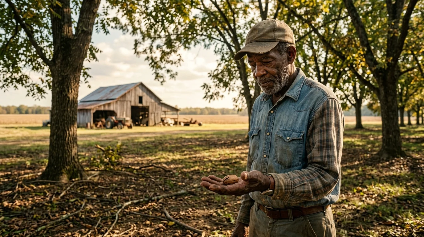 A documentary photo of a Mississippi farmer holding a pecan in a sunlit orchard, capturing the rural economy.