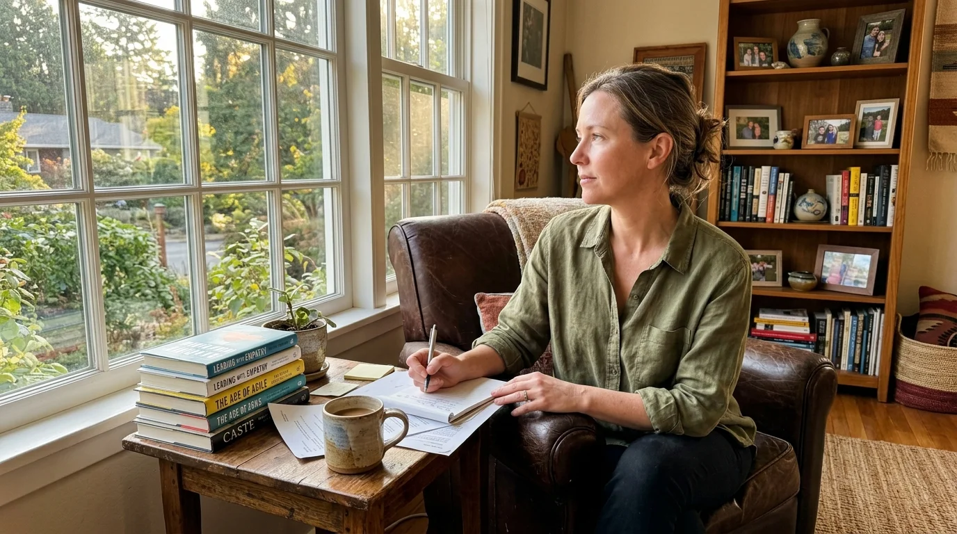 A female manager sitting in a cozy home office, looking out a sunlit window with papers and a coffee mug nearby.