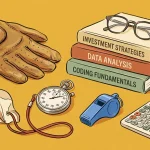 A flat-lay gouache illustration of summer job items including a golf glove, textbooks, a stopwatch, and a swim whistle.