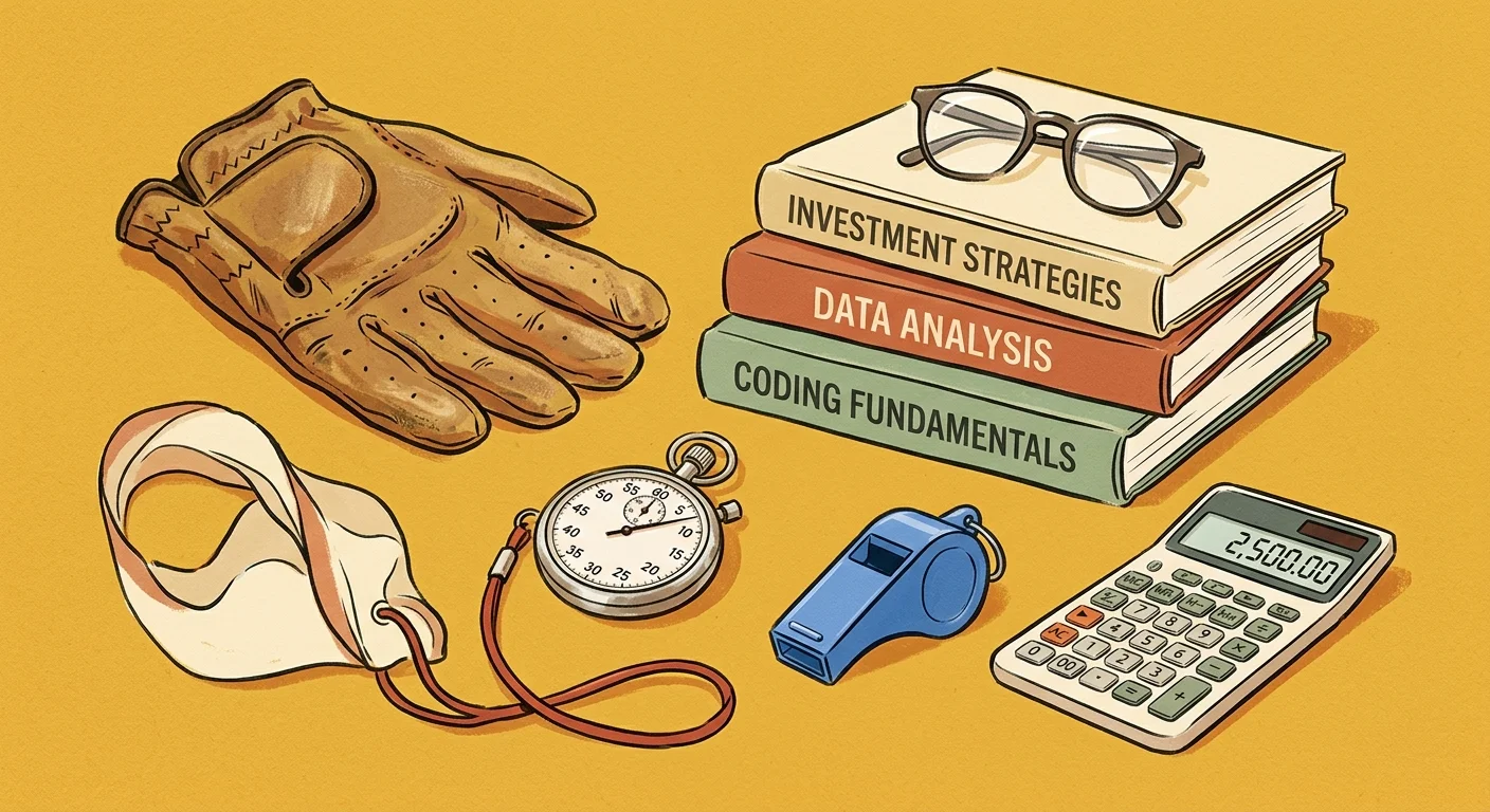 A flat-lay gouache illustration of summer job items including a golf glove, textbooks, a stopwatch, and a swim whistle.