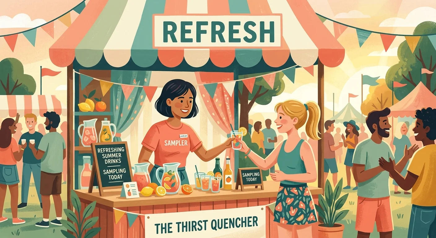 A flat vector illustration of a brand ambassador handing out drinks at an outdoor festival.