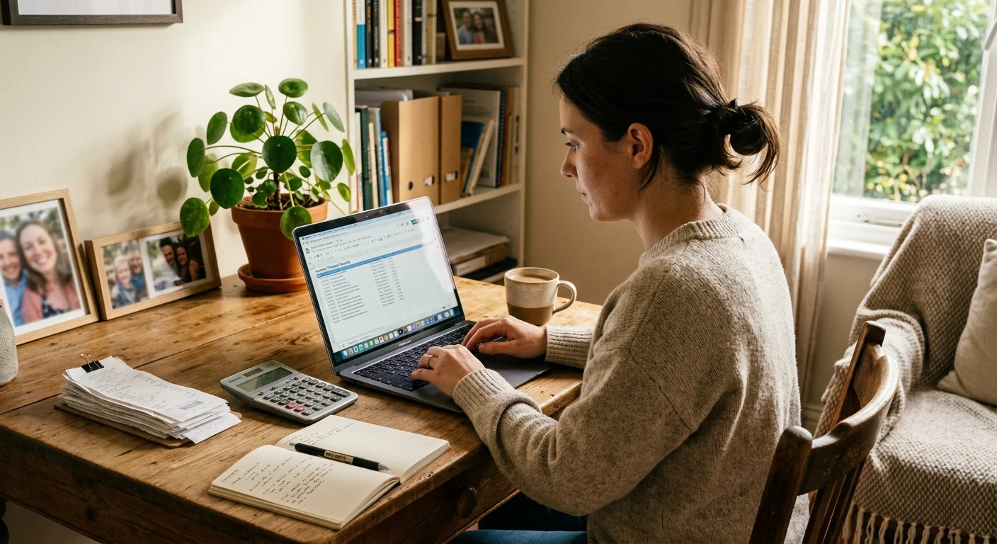 A freelancer working on bookkeeping spreadsheets on a laptop at a sunlit wooden desk.