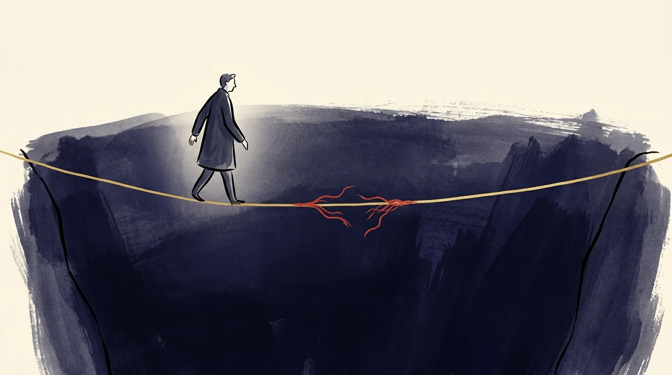 A gouache illustration of a person walking on a high-wire that is beginning to fray, symbolizing the stress of high-paying jobs.