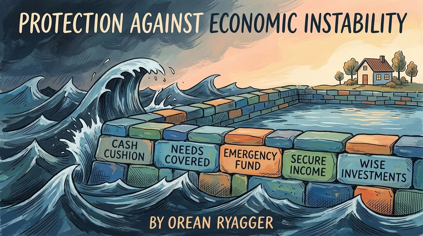 A gouache illustration of stormy waves crashing against a strong stone wall labeled Cash Cushion, protecting a house on top.