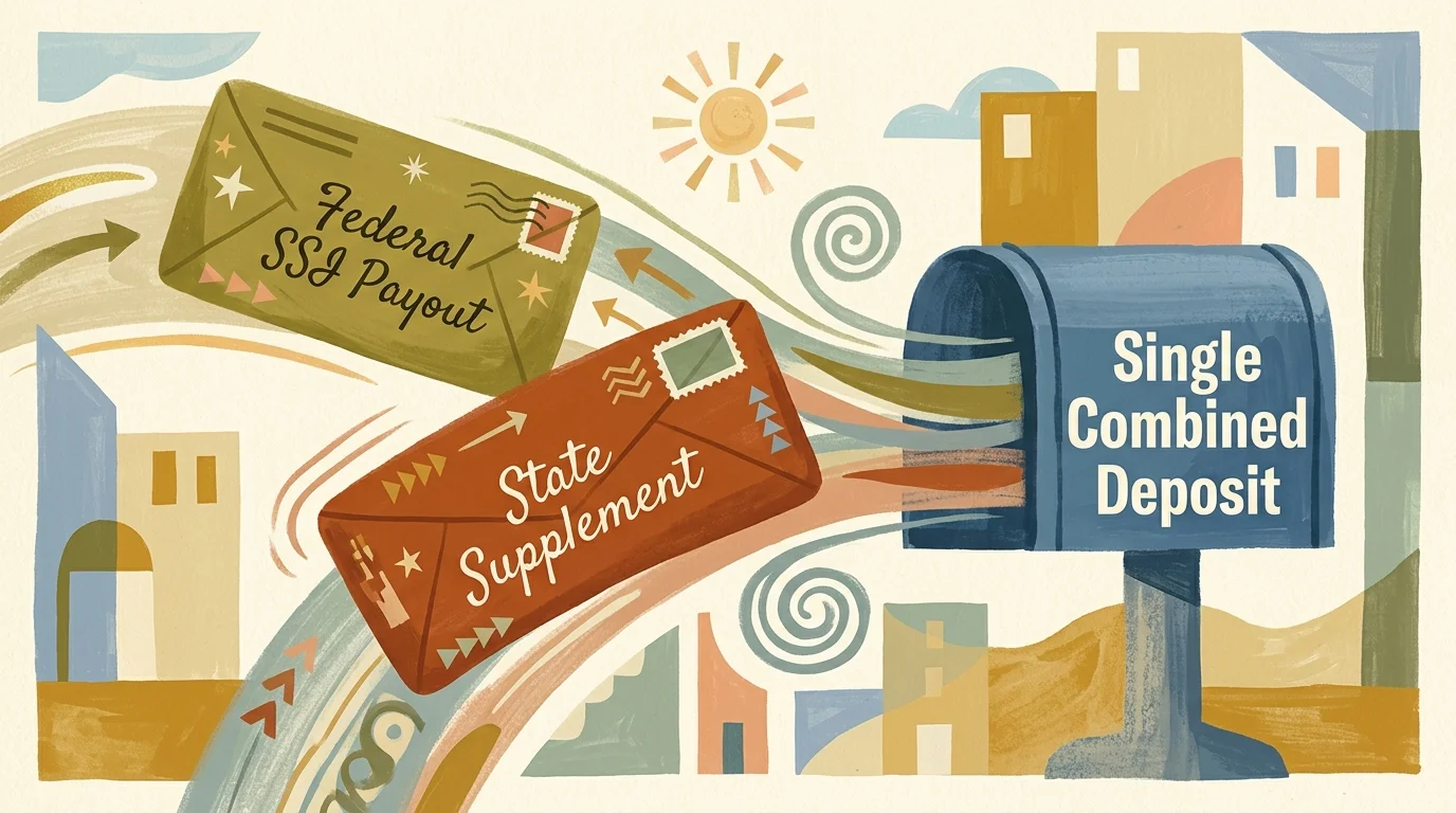 A gouache illustration of two envelopes, Federal SSI and State Supplement, merging into a single combined deposit mailbox.