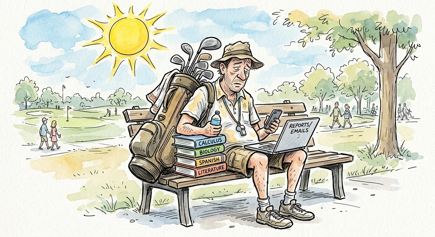 A humorous watercolor illustration of a person overloaded with books, golf bags, and swim gear under a hot sun.