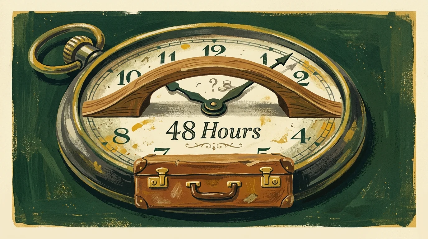 A mid-century gouache illustration of a pocket watch forming a protective bridge over a suitcase, with 48 Hours written on the face.