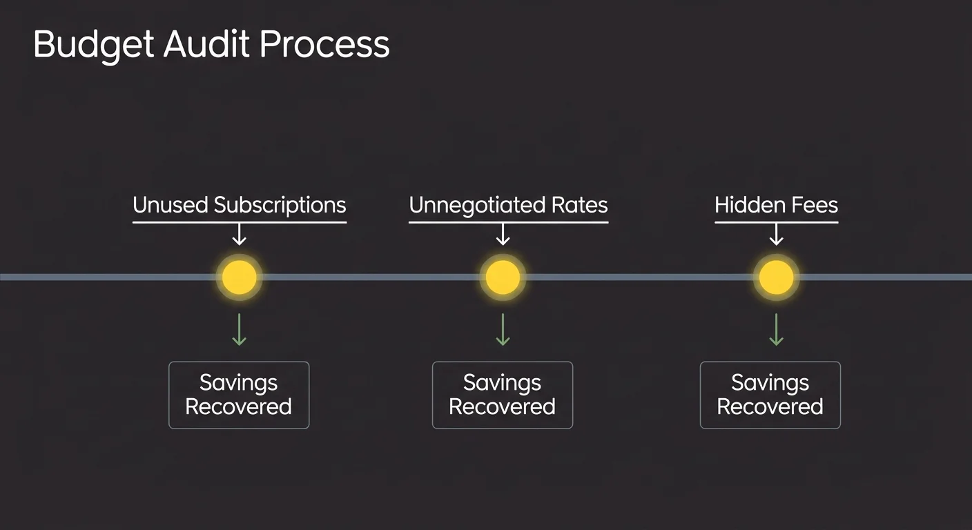 A minimalist diagram on a dark background showing a pipeline with marked audit points for subscriptions and hidden fees.