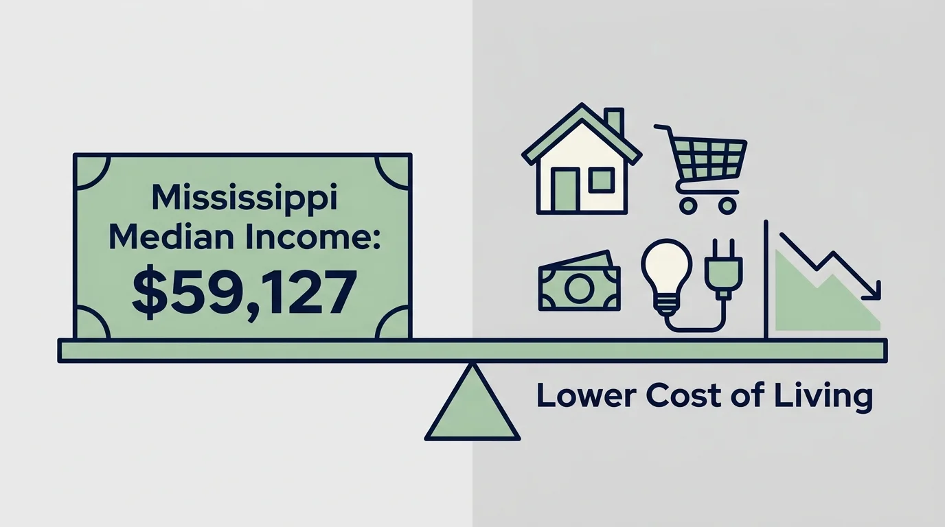A minimalist infographic balancing a $59,127 median income against the lower cost of living benefits like cheaper housing.