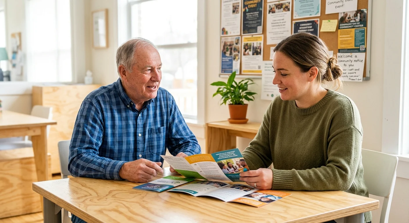 A photograph of a senior man casually consulting with a community advisor over brochures in a brightly lit local center.