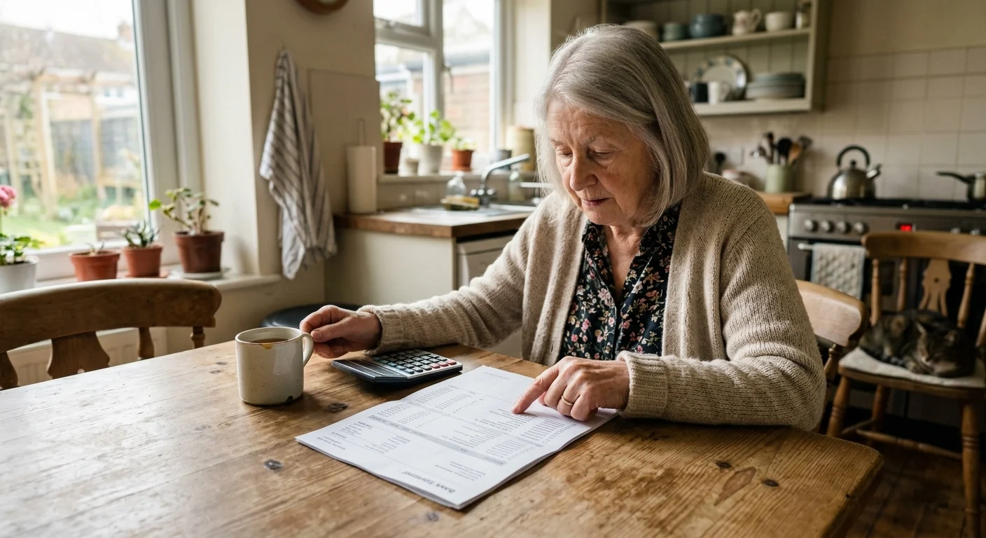 A realistic photo of an elderly woman at her kitchen table looking over bank statements in warm morning light.