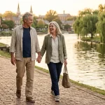A retired couple walking along a scenic southern riverwalk during golden hour, embodying a relaxed, affordable lifestyle.
