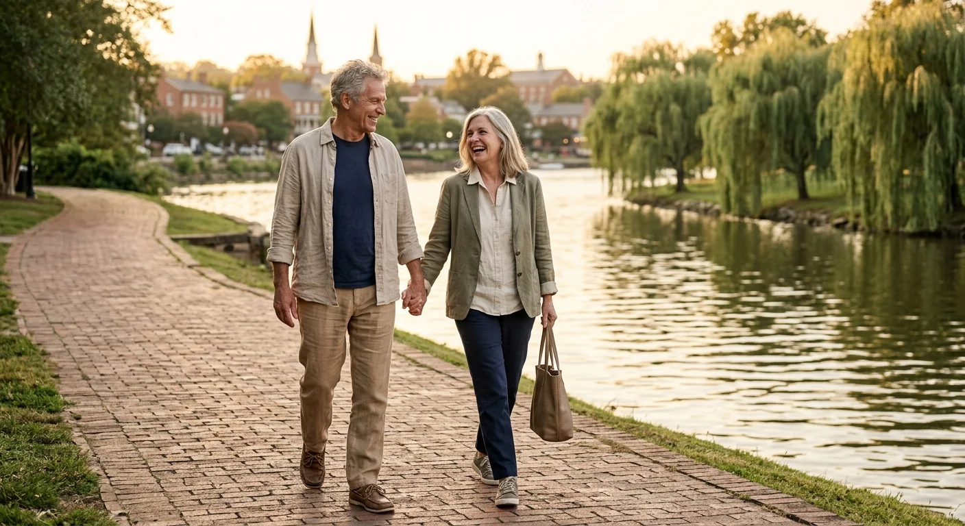 A retired couple walking along a scenic southern riverwalk during golden hour, embodying a relaxed, affordable lifestyle.