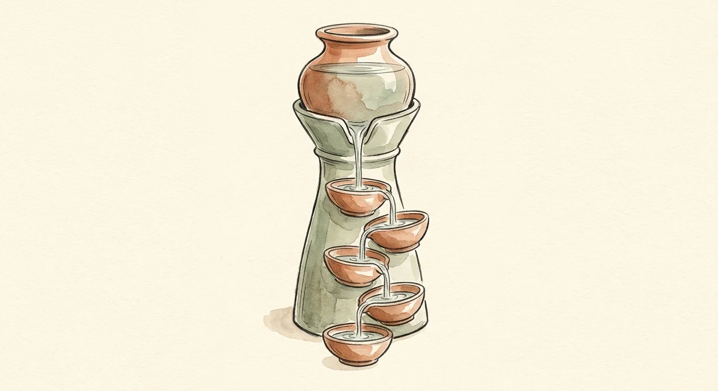 A stylized watercolor illustration of water flowing smoothly through connected ceramic bowls, symbolizing automated cash flow.