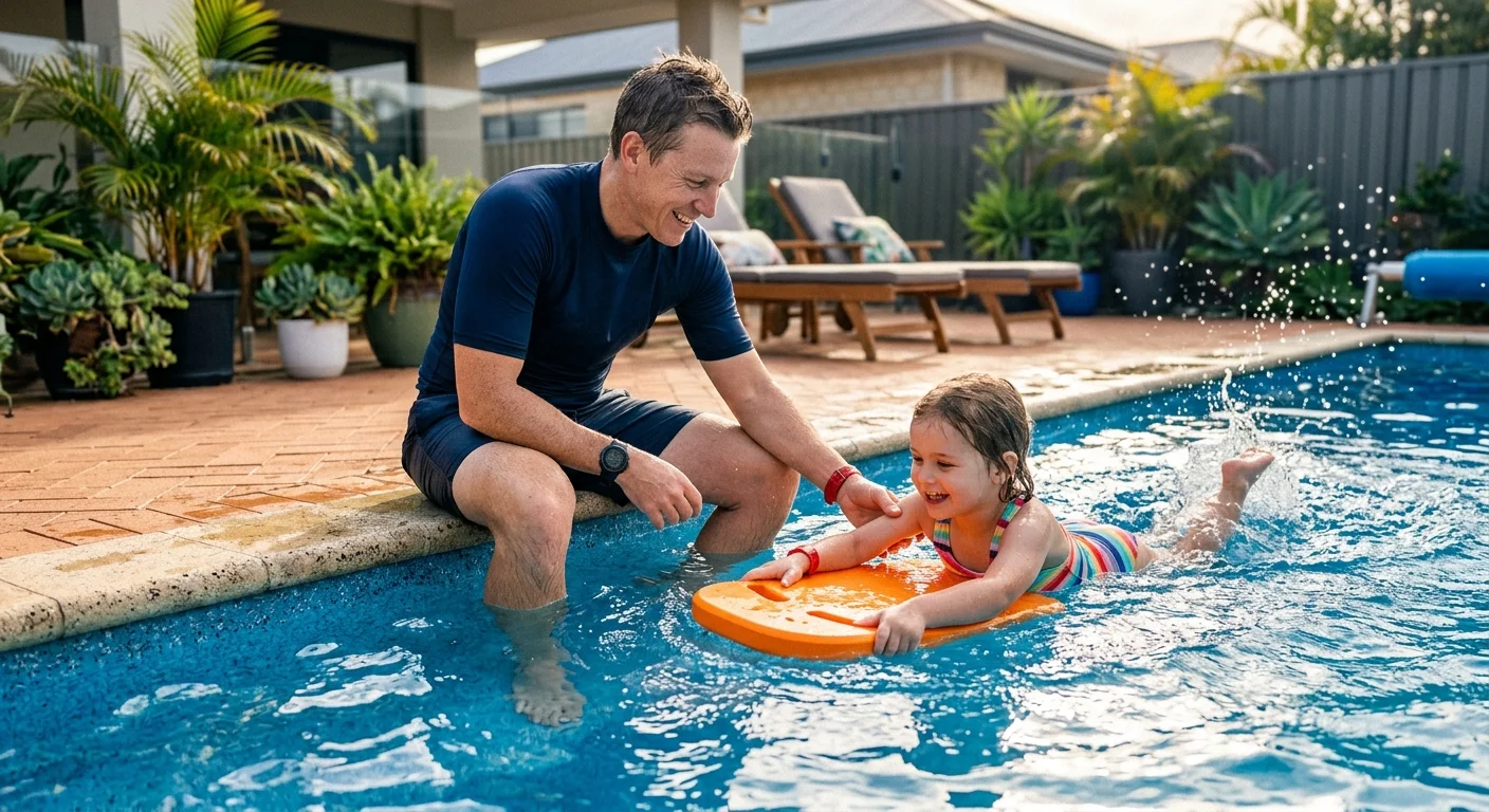 A swim instructor sitting on the edge of a pool, guiding a child with a kickboard.