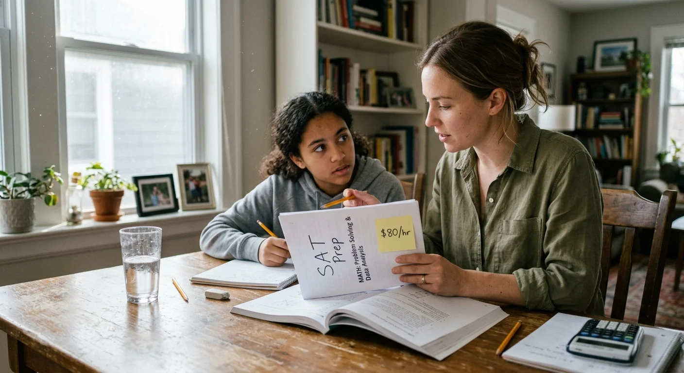 A tutor helping a student with test prep at a sunny wooden table, with SAT Prep materials visible.