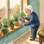 A warm gouache illustration of a retired person watering plants in a sunny room, representing peaceful daily financial routines.
