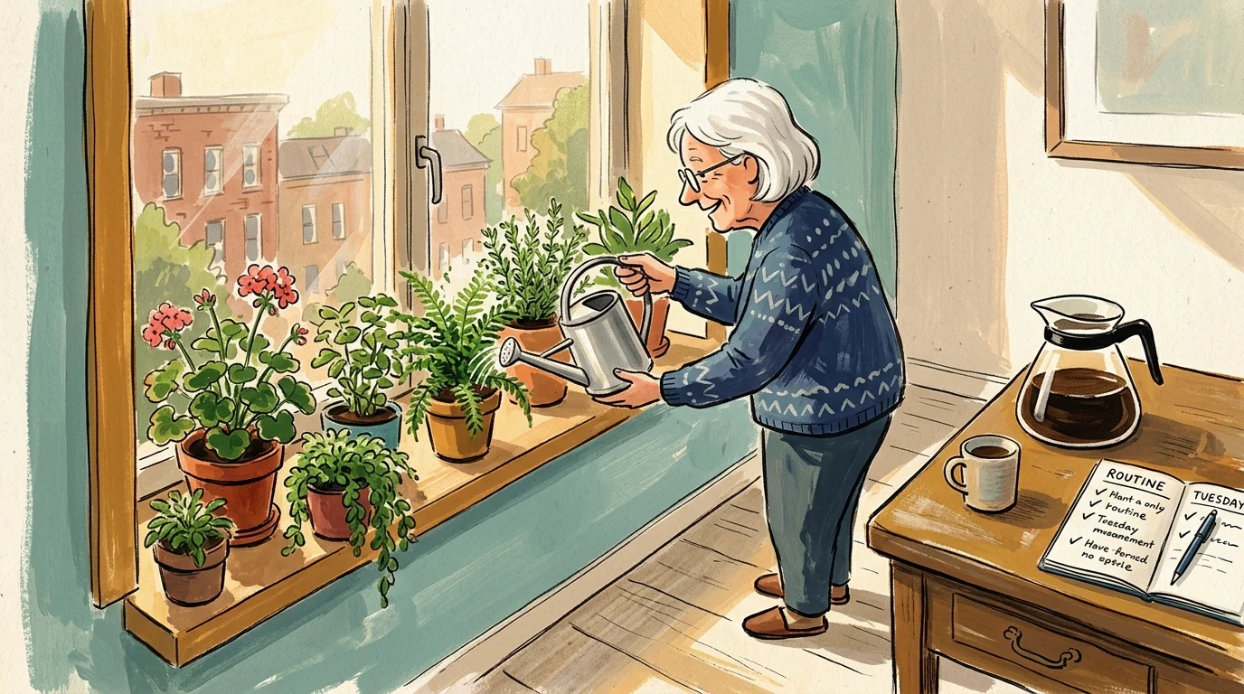 A warm gouache illustration of a retired person watering plants in a sunny room, representing peaceful daily financial routines.