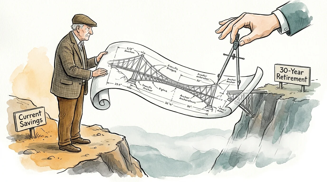 A watercolor illustration of a retiree holding a bridge blueprint over a cliff gap, representing the transition to professional advice.