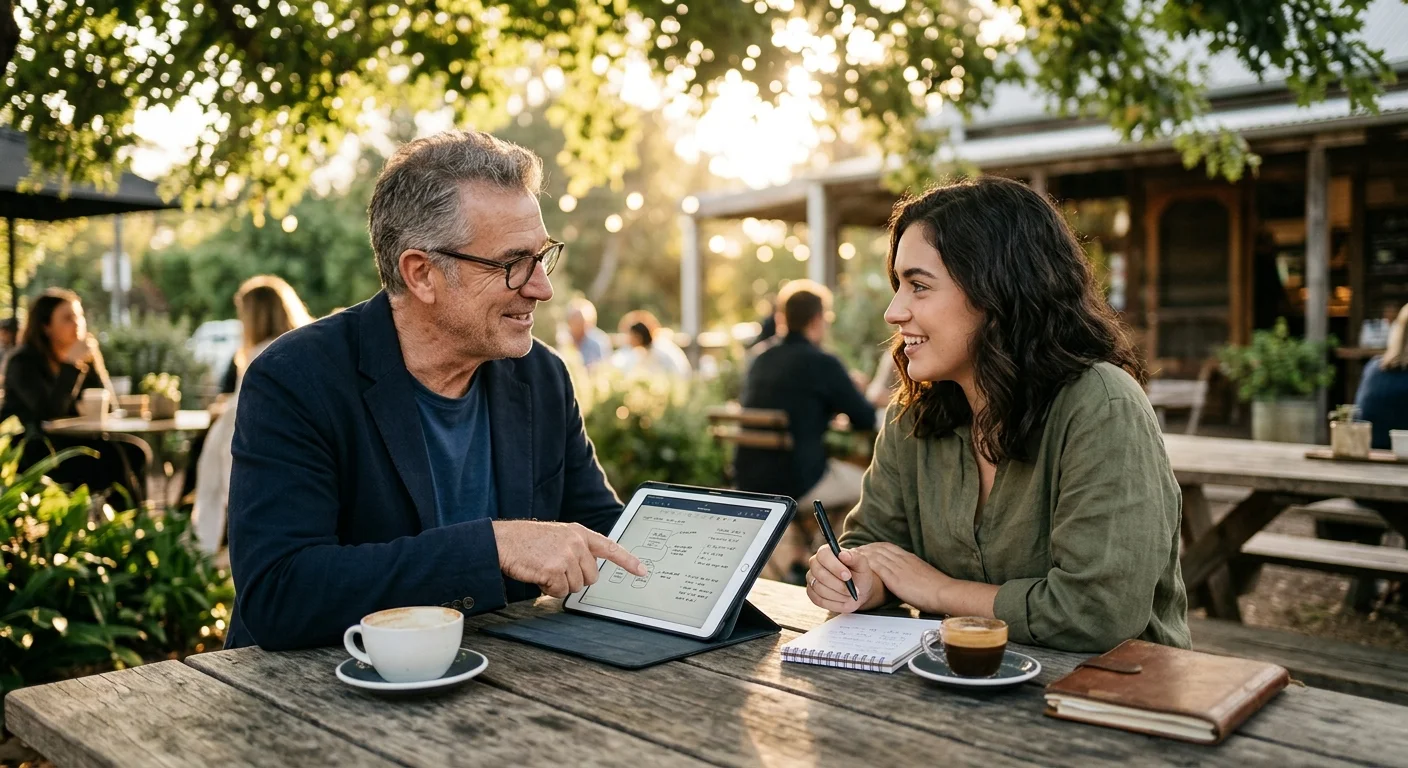 A young adult and an older mentor chatting over coffee on a sunlit outdoor patio.