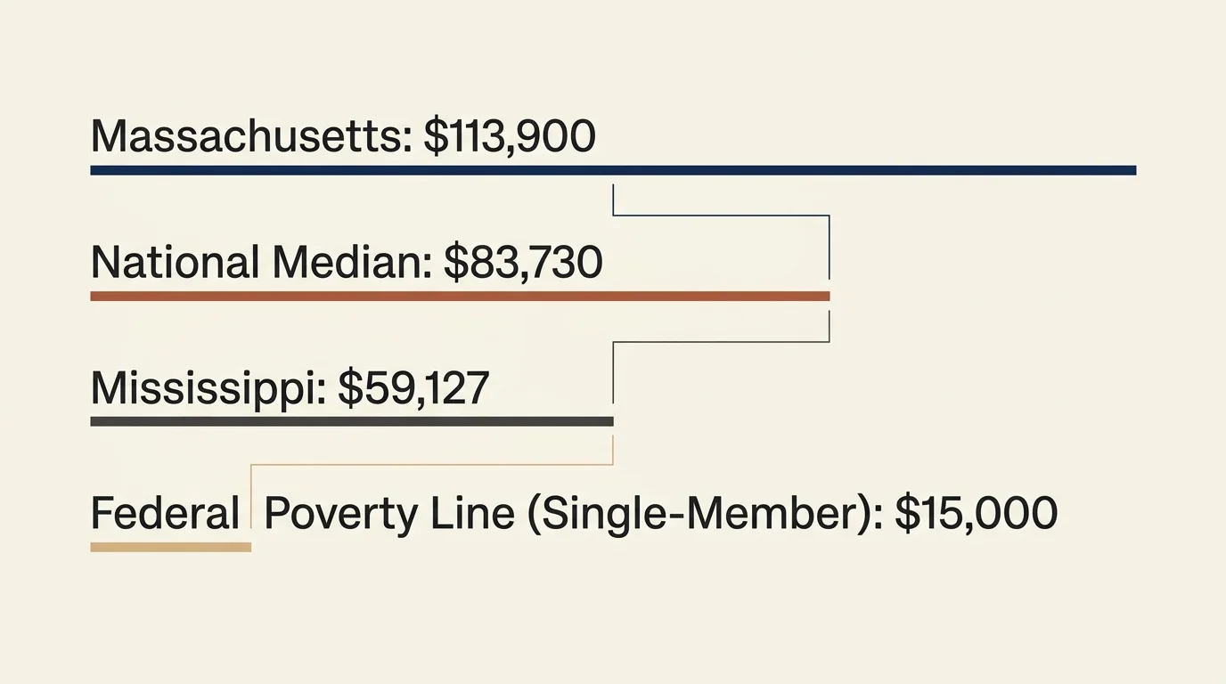 An editorial infographic comparing median household incomes of Massachusetts, Mississippi, and the US average to the poverty line.