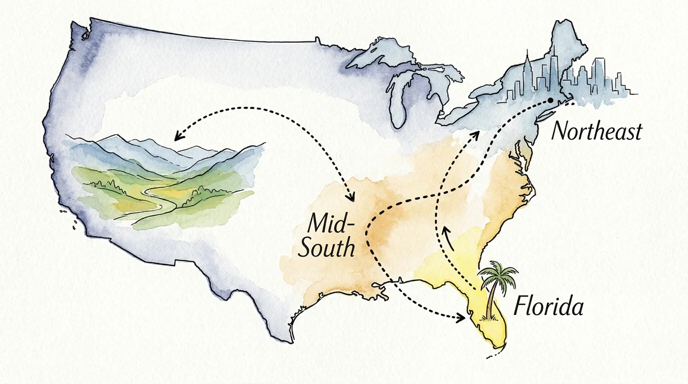 An editorial watercolor map tracing the 'halfback' retirement migration from the Northeast down to Florida, then up to the Mid-South.