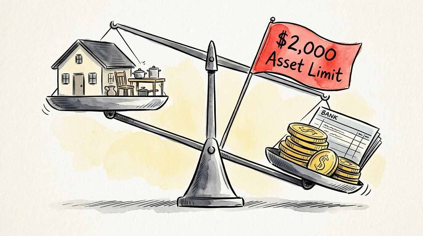 An illustration of a balance scale tipping under a heavy asset stack labeled with a $2,000 limit warning flag.
