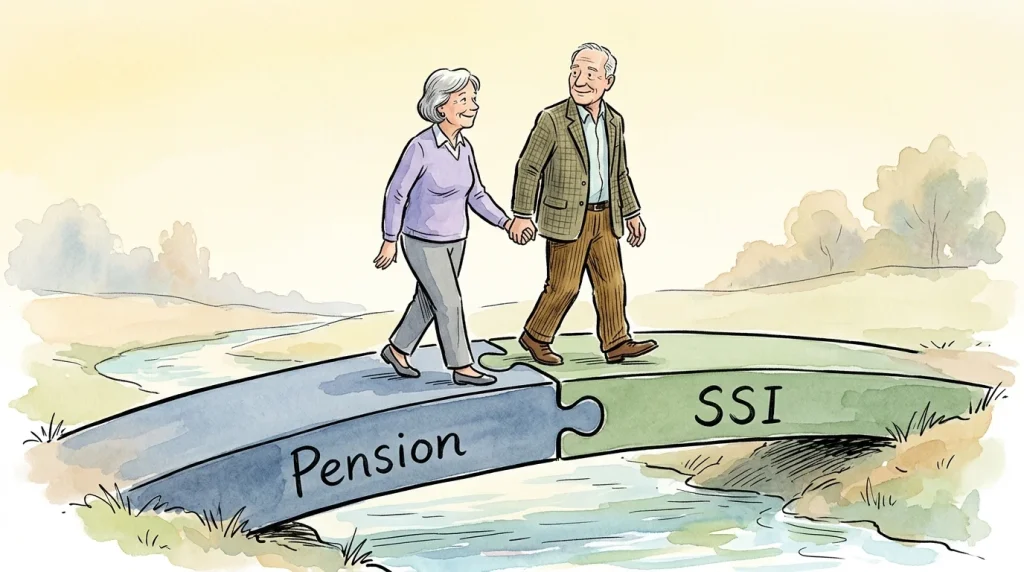 An illustration of a senior couple walking across a bridge made of two interlocking puzzle pieces labeled Pension and SSI.