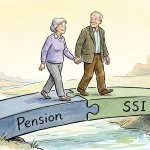An illustration of a senior couple walking across a bridge made of two interlocking puzzle pieces labeled Pension and SSI.