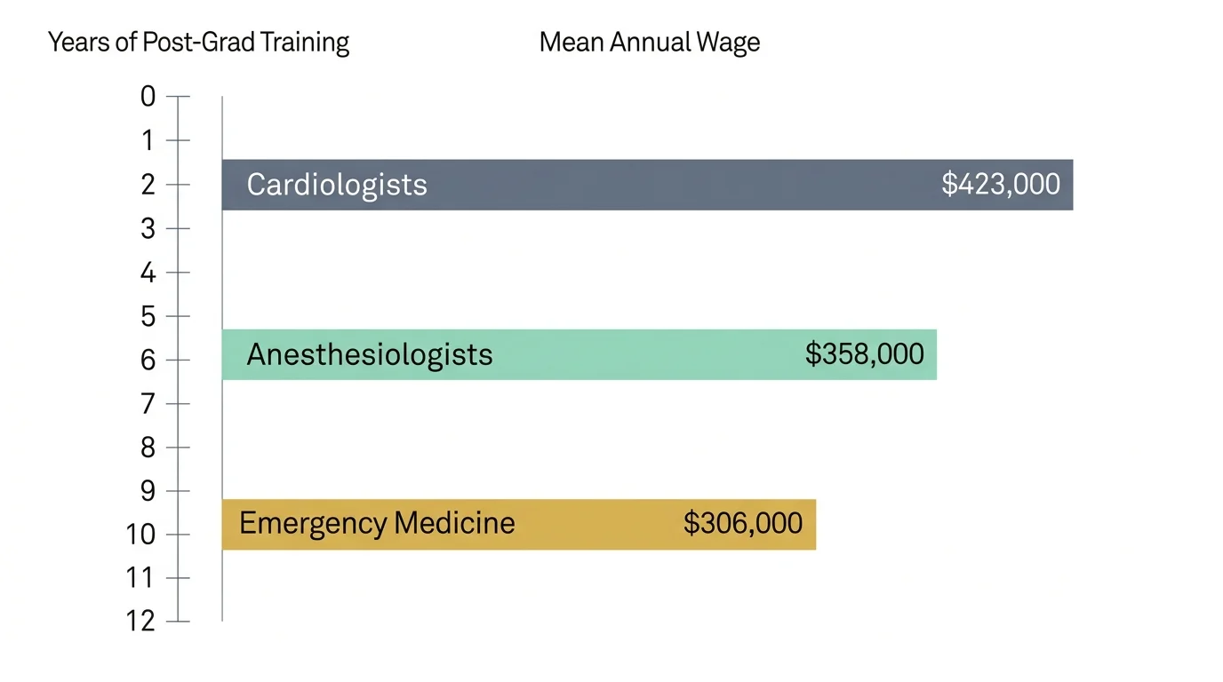 An infographic comparing years of advanced training to high-paying medical wages, with clear, readable salary labels.