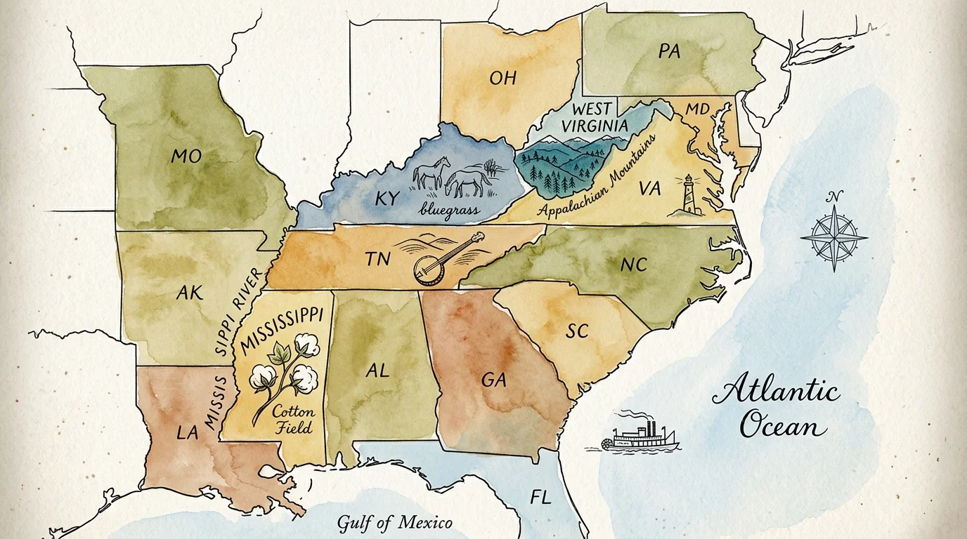 An ink and watercolor map illustration emphasizing the geographic locations of Mississippi and West Virginia.