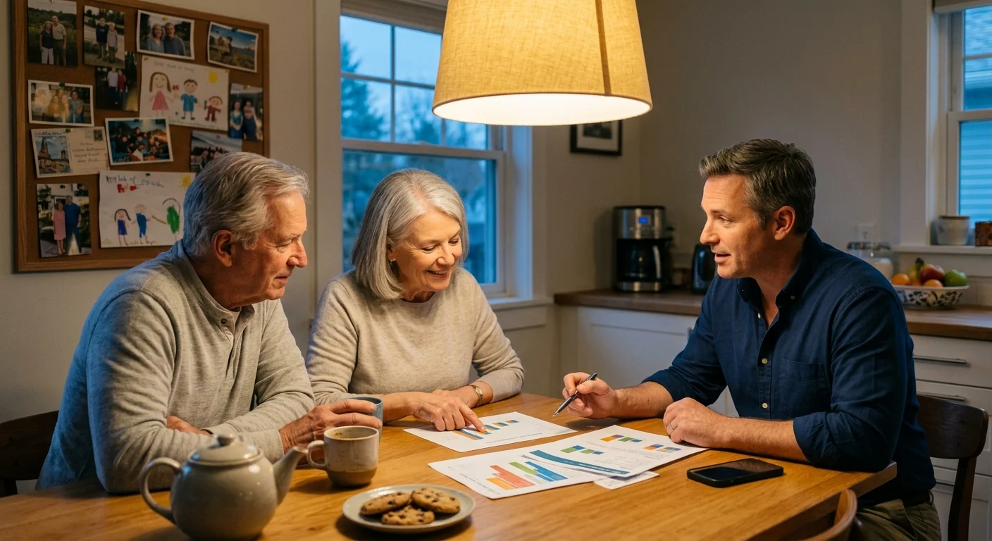 An older couple has a relaxed conversation with a casually dressed financial advisor at their kitchen table over tea.