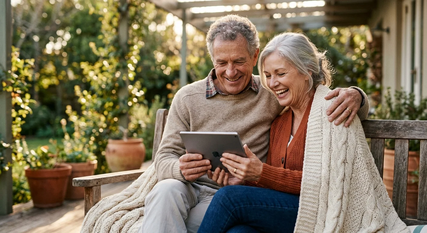 An older couple laughs together on a sunny outdoor porch, wrapped in a blanket, looking happy and financially secure.