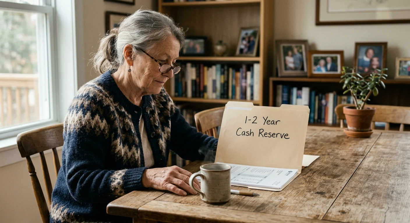 An older woman at her wooden kitchen table reviews a physical folder labeled Cash Reserve, looking calm and organized.
