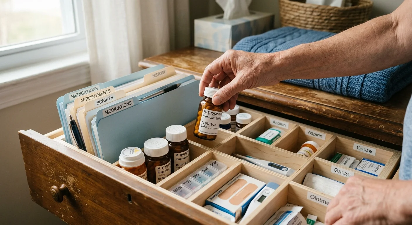 Close-up of an older person's hands organizing health folders and a prescription bottle inside a wooden drawer organizer.