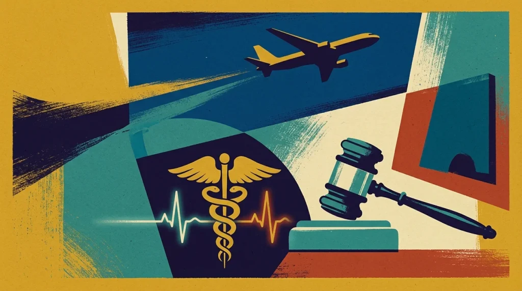 Mid-century gouache illustration representing medical, aviation, and legal careers converging upward on a textured paper background.