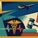 Mid-century gouache illustration representing medical, aviation, and legal careers converging upward on a textured paper background.